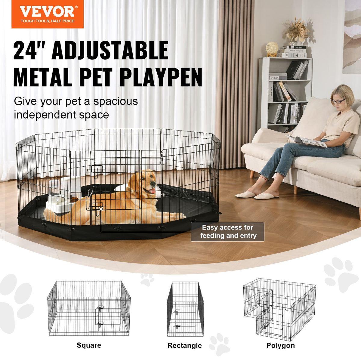 8-Panel Metal Dog Playpen with Waterproof Bottom Pad – 24 In Tall, Ground Stakes, Foldable, Black – view 2