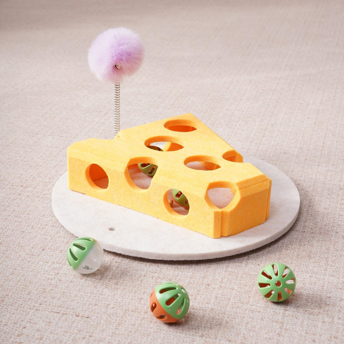 Felt Cat Puzzle Toy Box with Balls, Spring Wand and Suction Cup Base for Hiding Treats – view 11