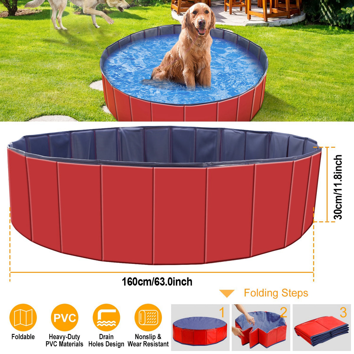 Foldable Pet Bathing Pool, 63 x 63 x 11.8 in – PVC Dog Bath Tub with Drain Valve – view 5