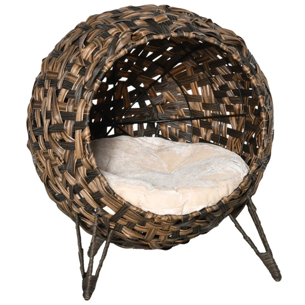 Elevated Wicker Cat House with Cushion – Hand-Woven Water Hyacinth Cat Bed, Brown – view 7