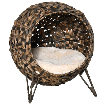 Elevated Wicker Cat House with Cushion – Hand-Woven Water Hyacinth Cat Bed, Brown – view 7