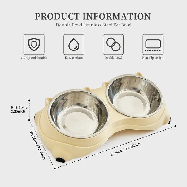 Double Stainless Steel Cat Bowl Set – Non-Slip Base, 20 oz Food &amp; Water Bowls – Yellow