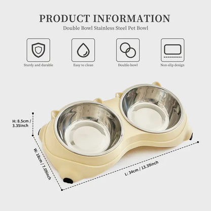 Double Stainless Steel Cat Bowl Set – Non-Slip Base, 20 oz Food &amp; Water Bowls – Yellow