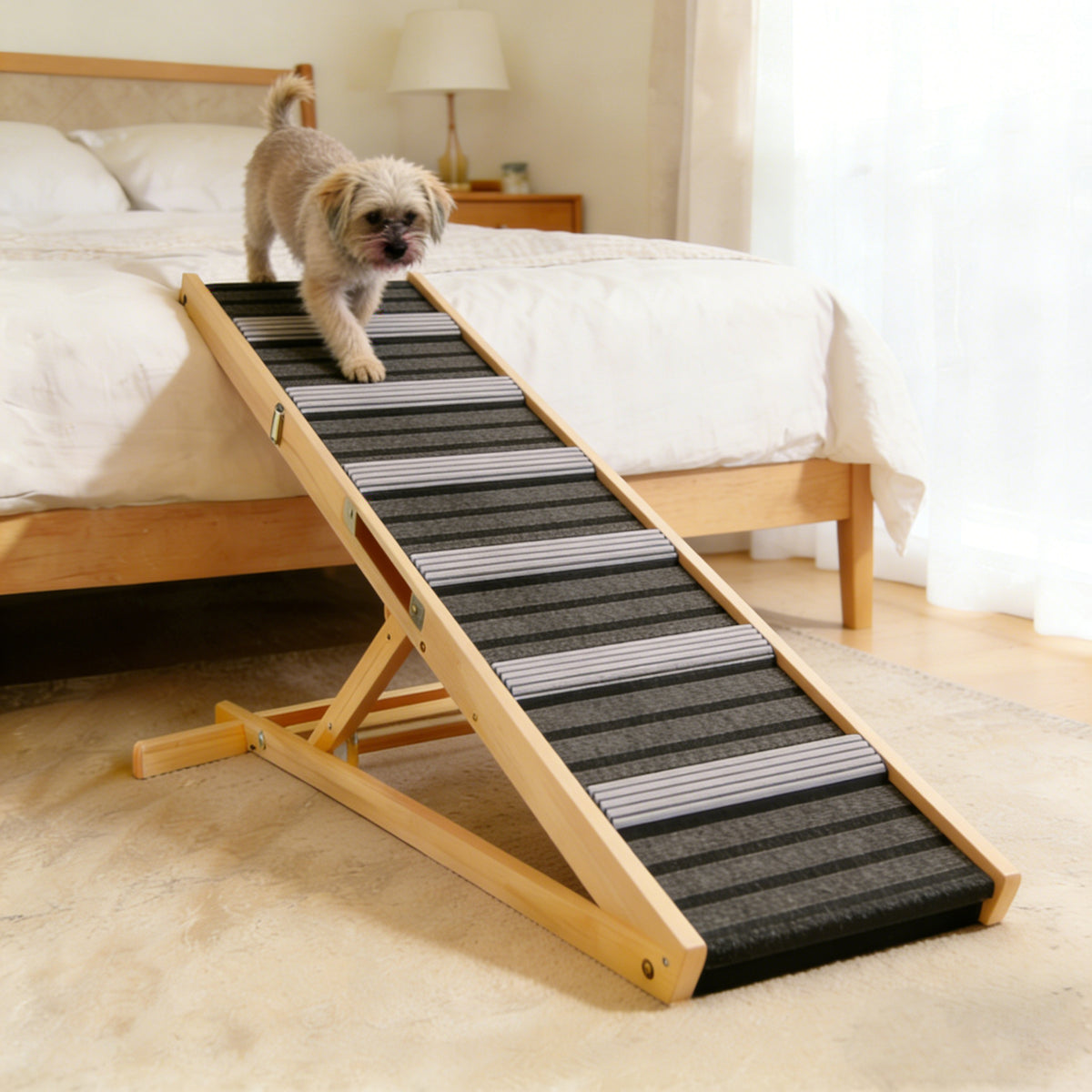 Adjustable Wooden Dog Ramp for Couch – 6 Heights, Non-Slip Carpet, Portable Pet Steps, Natural Wood