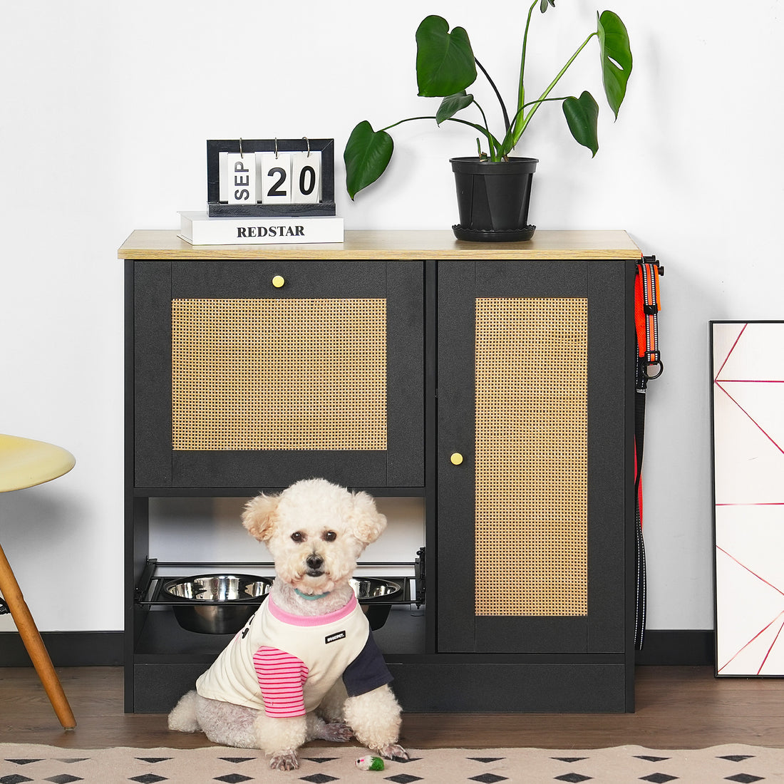 Hidden Dog Feeding Station with 2 Cabinets – Pull-Out Bowls, Rattan Doors, Black – view 2