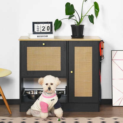 Hidden Dog Feeding Station with 2 Cabinets – Pull-Out Bowls, Rattan Doors, Black – view 2