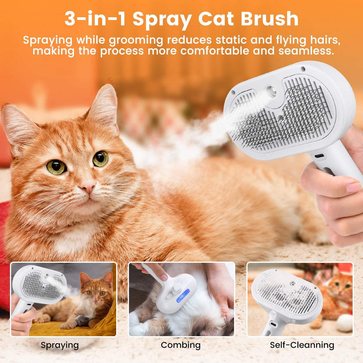 3-in-1 Pet Steam Brush – Water Mist Spray Grooming Brush with Self-Cleaning Release Button – view 2