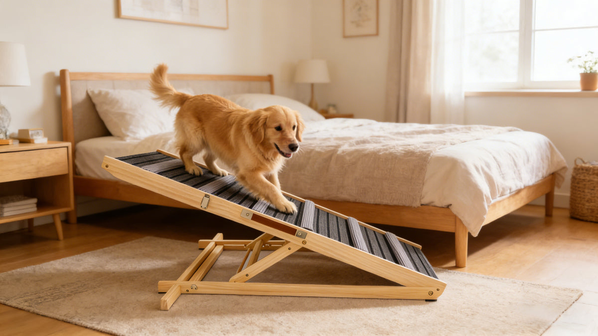 Adjustable Wooden Dog Ramp for Couch – 6 Heights, Non-Slip Carpet, Portable Pet Steps, Natural Wood – view 3