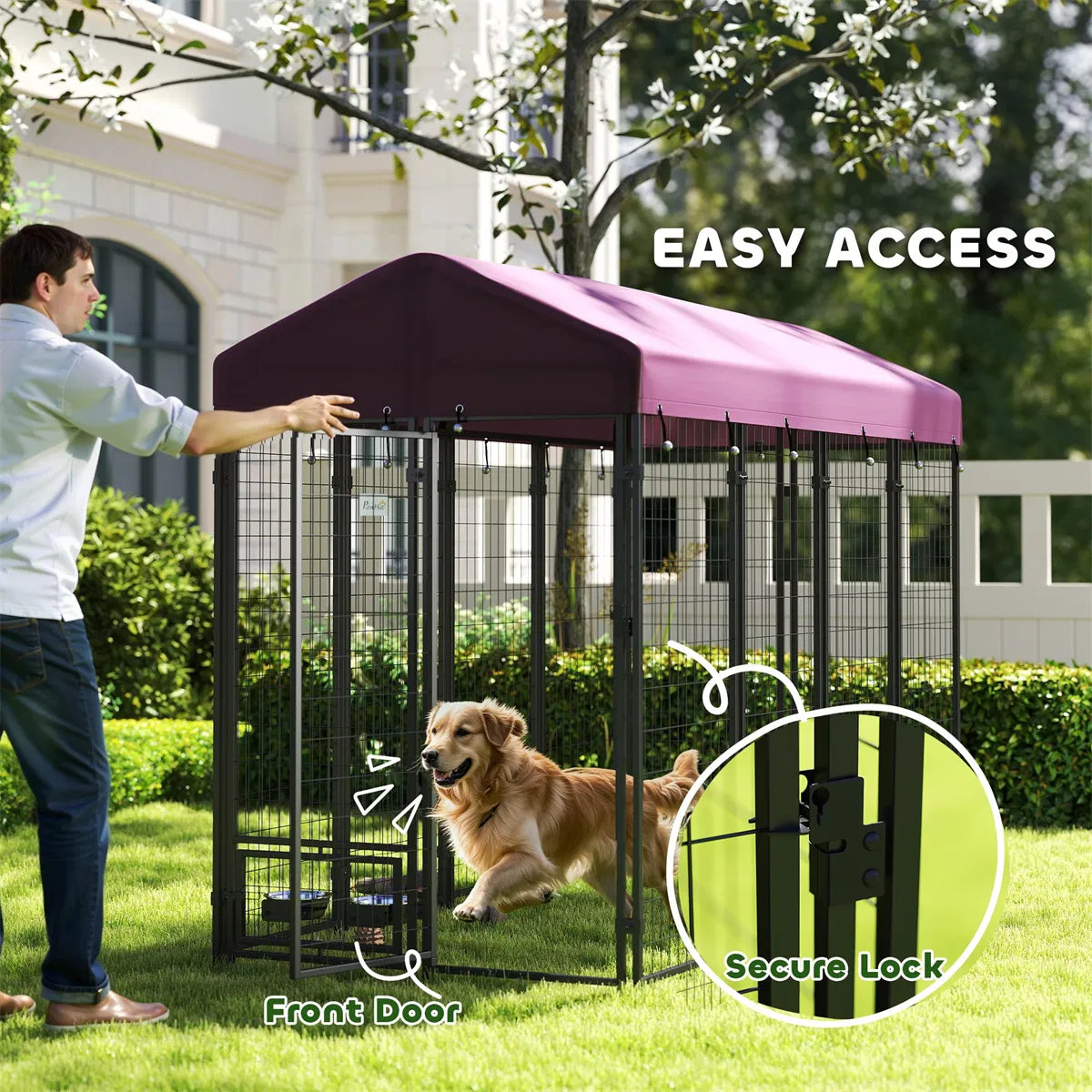 Large Outdoor Dog Kennel with Roof Cover – 30 sq ft, 12 Wire Panels, Rotating Bowl Holders, Red