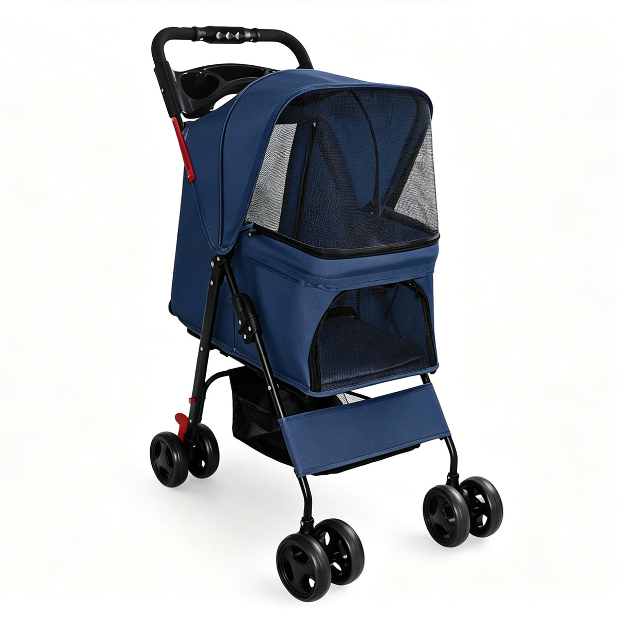Foldable Pet Stroller for Small Dogs and Cats – Up to 28 lbs, Tray, Storage Basket, 4 Wheels, Blue – view 3