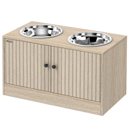 Elevated Dog Bowls with Storage Cabinet – 2 Stainless Bowls &amp; Slow Feeder Insert, Oak – view 9