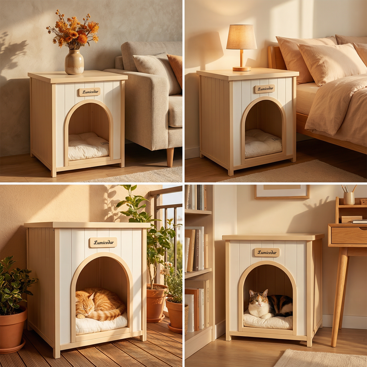 Solid Cedar Indoor Dog House – Removable Cushion, Side Table Top, Cream White &amp; Light Yellow – view 9