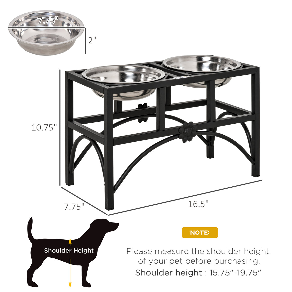 Elevated Double Dog Bowl Stand 17 in – Iron Frame with 2 Stainless Steel Bowls, Black &amp; Silver – view 3