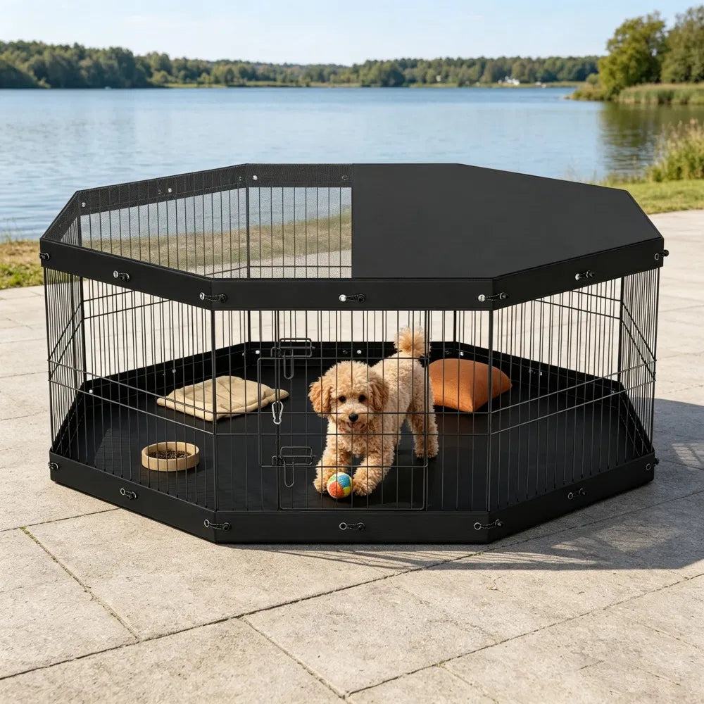 8-Panel Outdoor Dog Playpen with Top Cover &amp; Floor Mat – 24 in, Metal – view 6