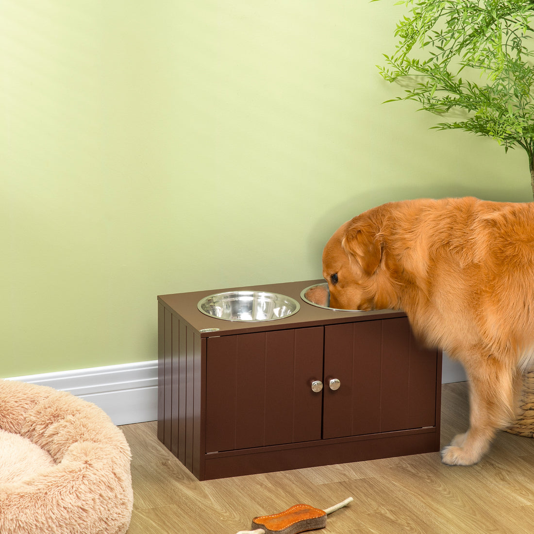 Elevated Dog Bowls with Storage Cabinet – Magnetic Doors, 2 Stainless Steel Bowls, Brown – view 2