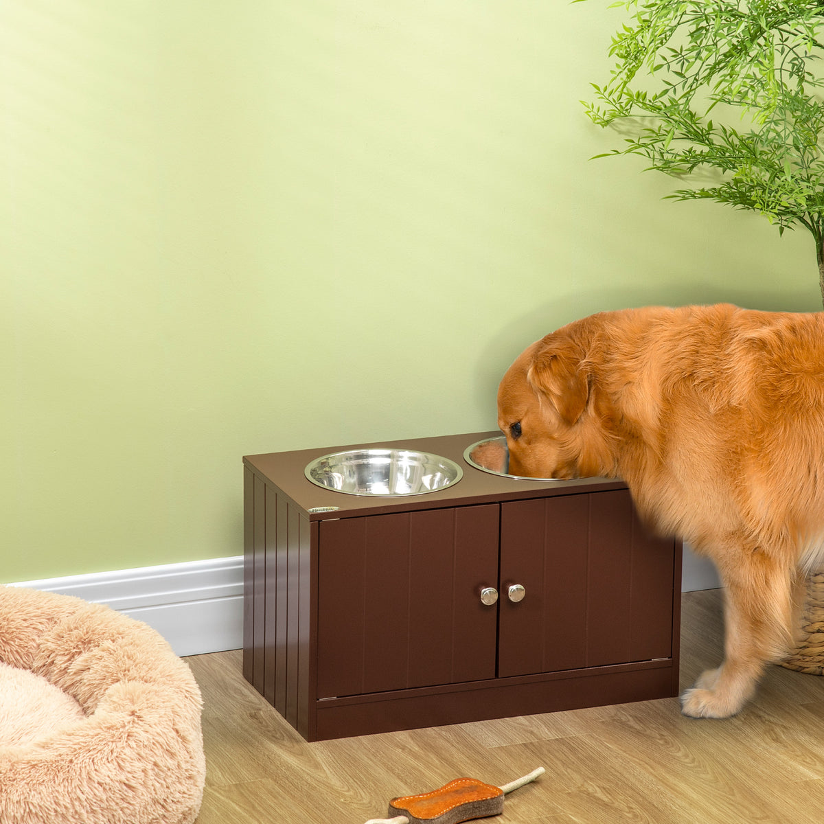 Elevated Dog Bowls with Storage Cabinet – Magnetic Doors, 2 Stainless Steel Bowls, Brown – view 2