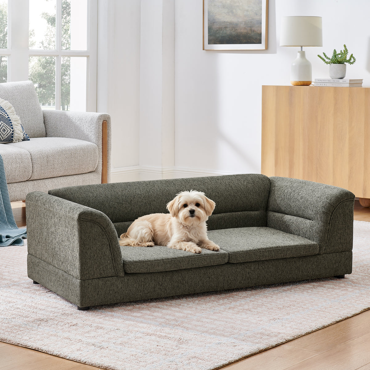 Oversized Dog Sofa Bed with Curved Armrests – Linen Pet Couch for Large Dogs, Dark Gray – view 3