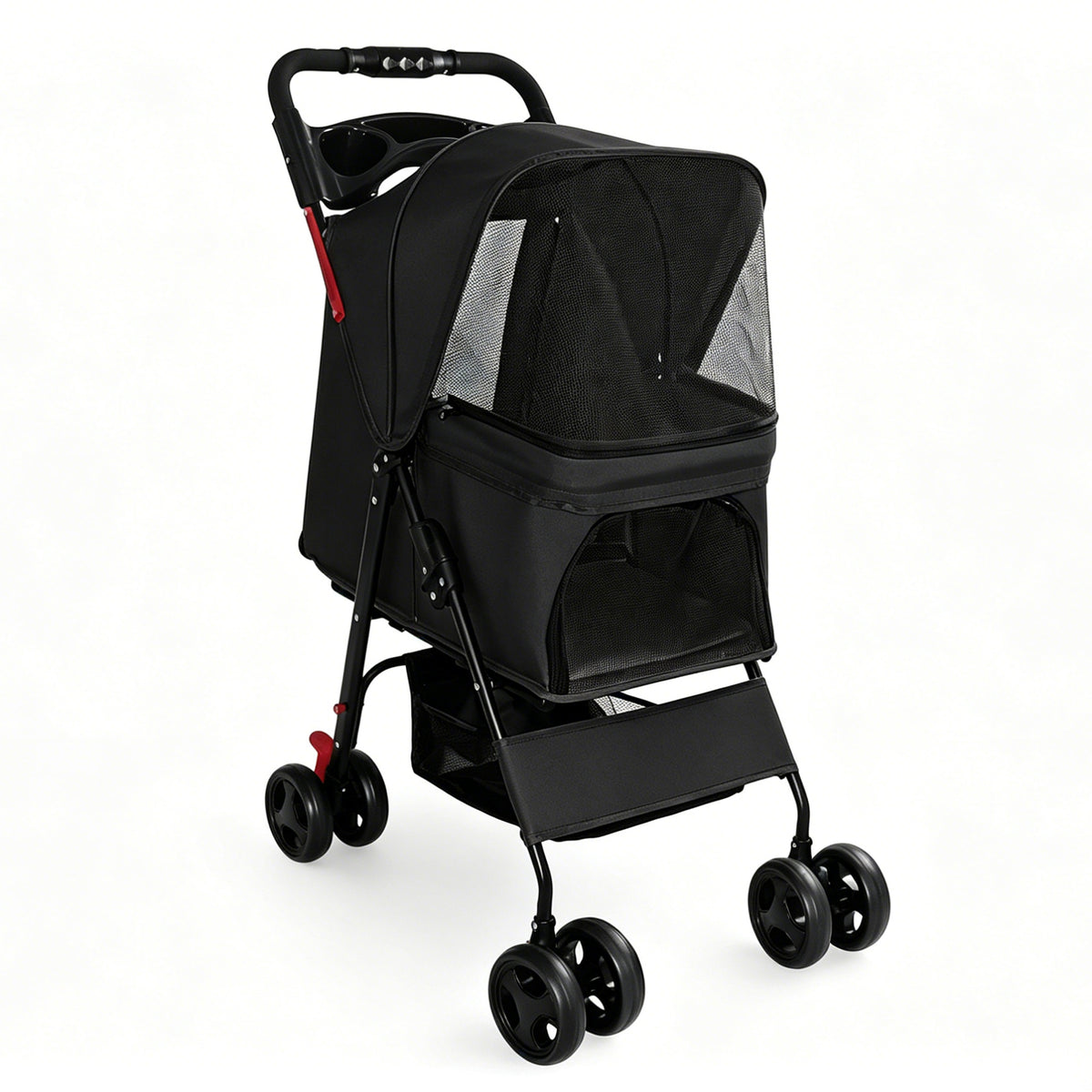 Foldable Pet Stroller for Small Dogs and Cats – One-Hand Fold, Tray, Storage Basket, Black – view 3