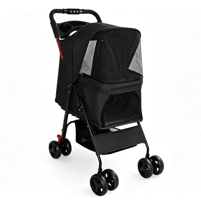 Foldable Pet Stroller for Small Dogs and Cats – One-Hand Fold, Tray, Storage Basket, Black – view 3