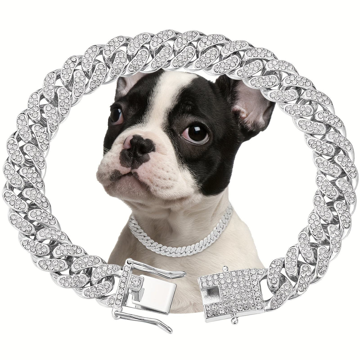Shiny Metal Chain Dog Collar – Diamond-Style Alloy Necklace for Pets, Gold or Silver, S–3XL