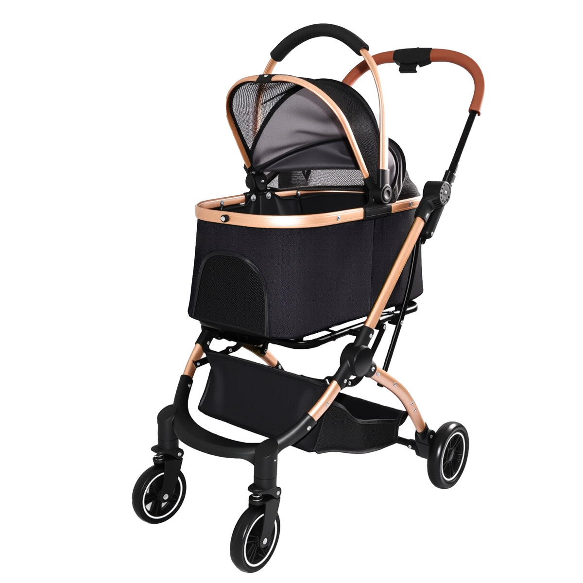 2-in-1 Detachable Pet Stroller – One-Hand Fold, Carry Basket, Sun Canopy, Storage Basket, Black – view 3