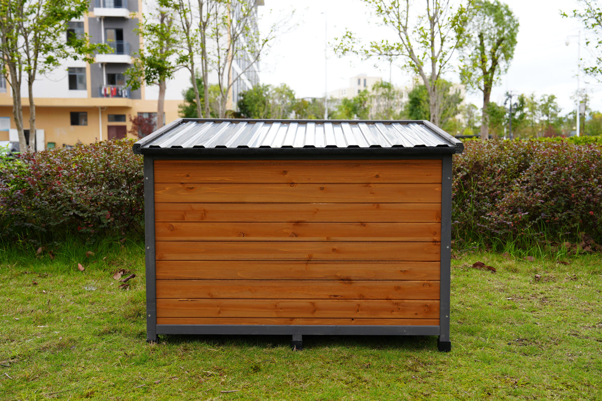 45 in Large Solid Wood Dog House – Waterproof PVC Roof, Elevated Floor, Gray &amp; Yellow – view 9