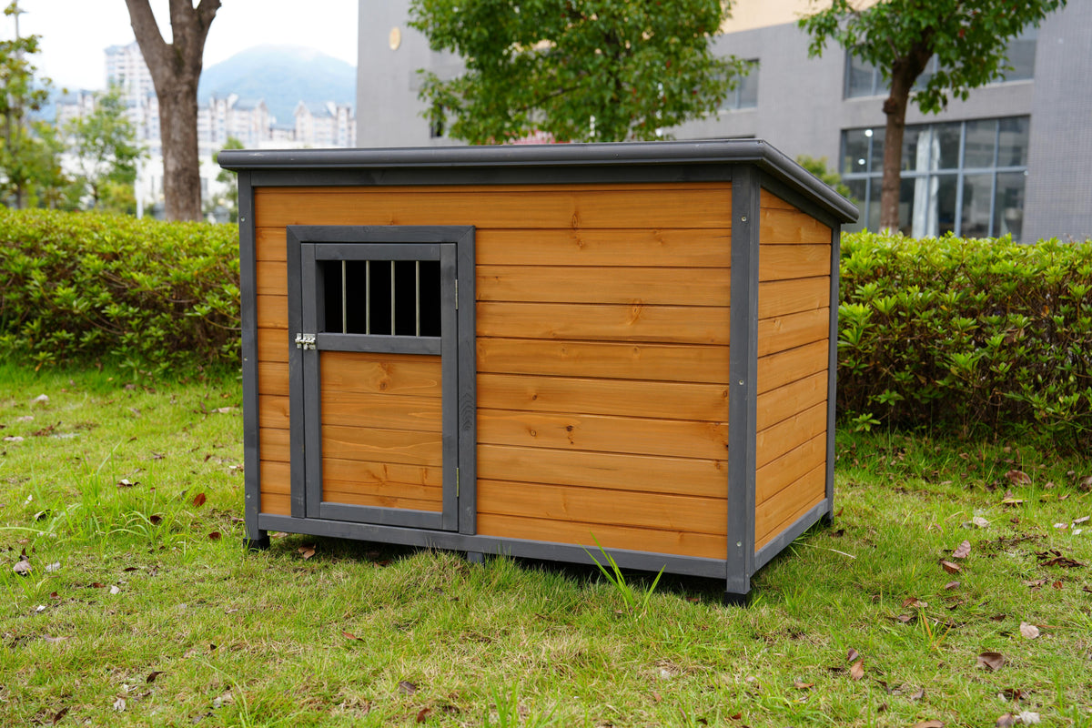 45 in Large Solid Wood Dog House – Waterproof PVC Roof, Elevated Floor, Gray &amp; Yellow – view 8