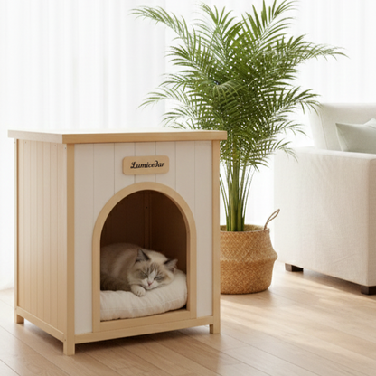 Solid Cedar Indoor Dog House – Removable Cushion, Side Table Top, Cream White &amp; Light Yellow – view 3