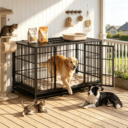 Heavy Duty Rolling Dog Crate – Metal Kennel with Lockable Wheels &amp; Removable Tray