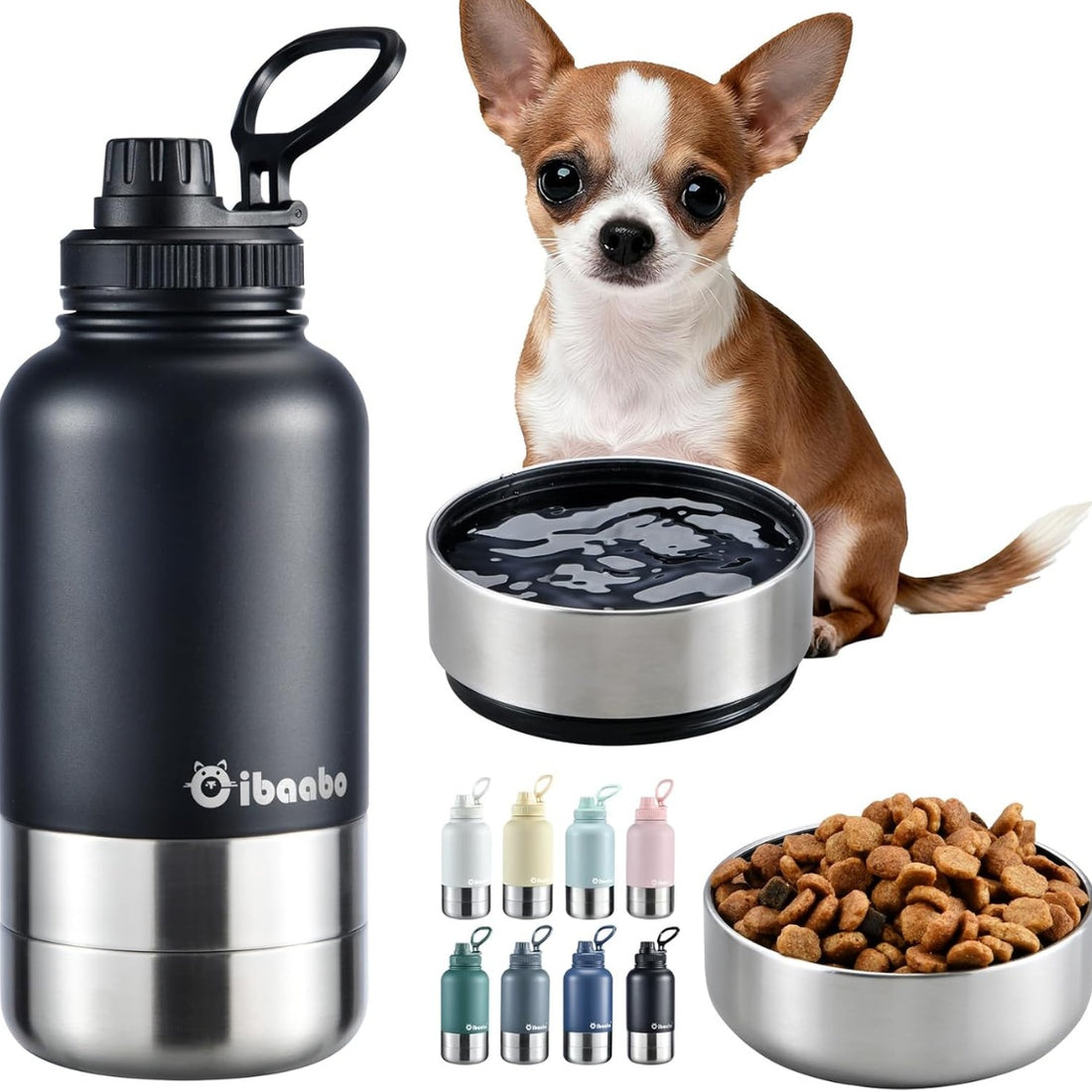 32 oz Insulated Dog Water Bottle with 2 Bowls – Stainless Steel Travel Bottle, Matte Black