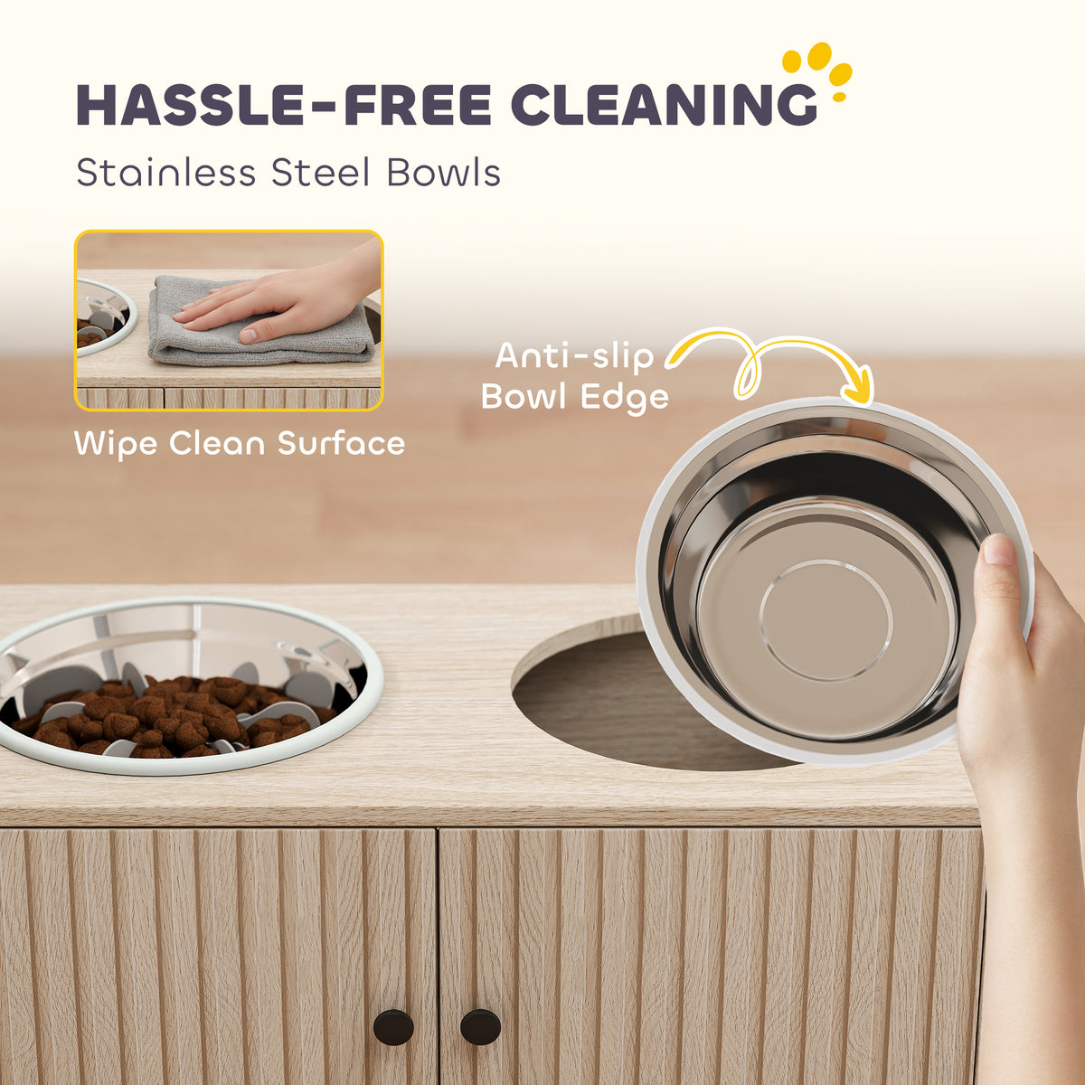 Elevated Dog Bowls with Storage Cabinet – 2 Stainless Bowls &amp; Slow Feeder Insert, Oak – view 6