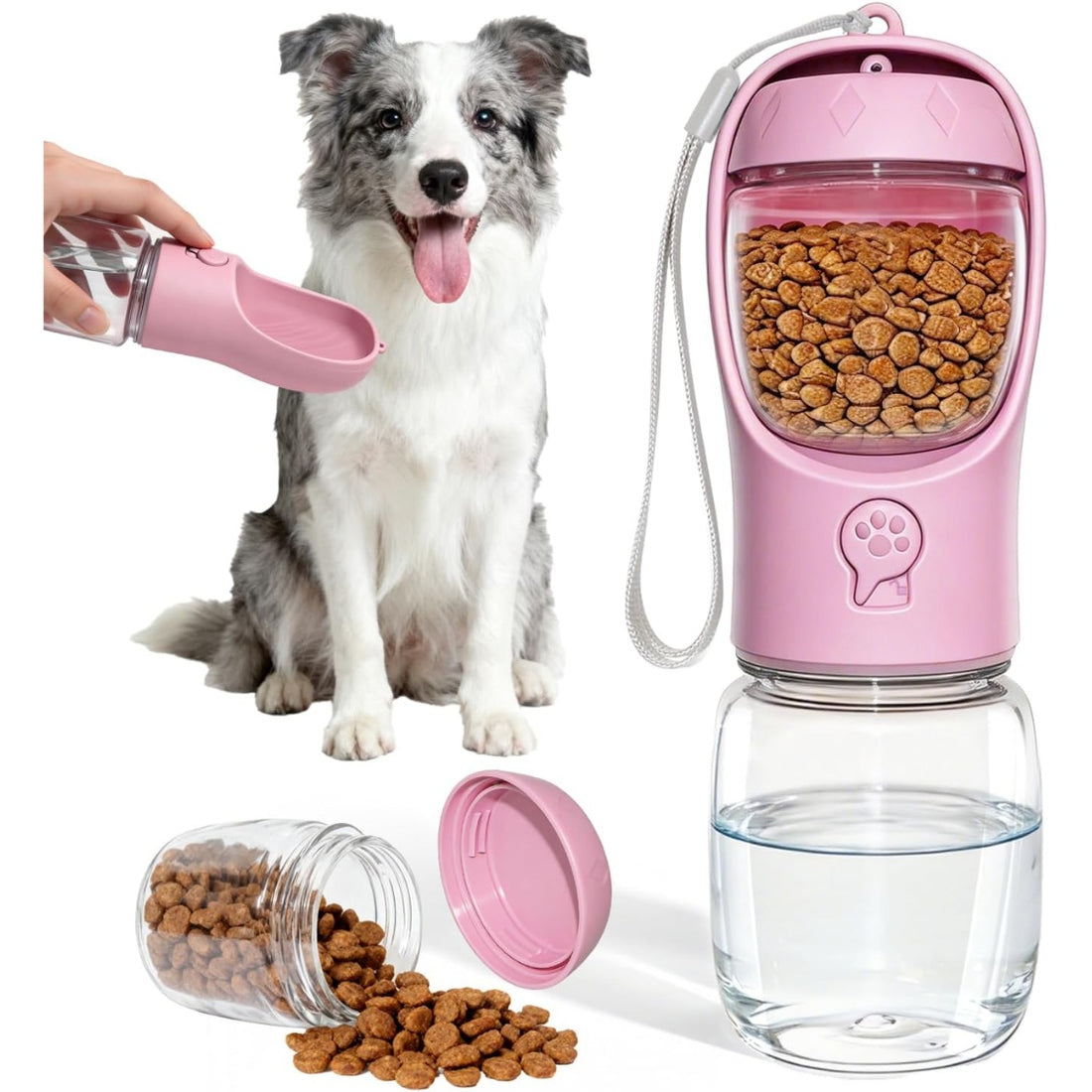 2-in-1 Portable Dog Water Bottle with Food Container – 12 oz, Leak-Proof, Pink
