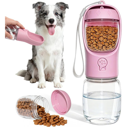 2-in-1 Portable Dog Water Bottle with Food Container – 12 oz, Leak-Proof, Pink