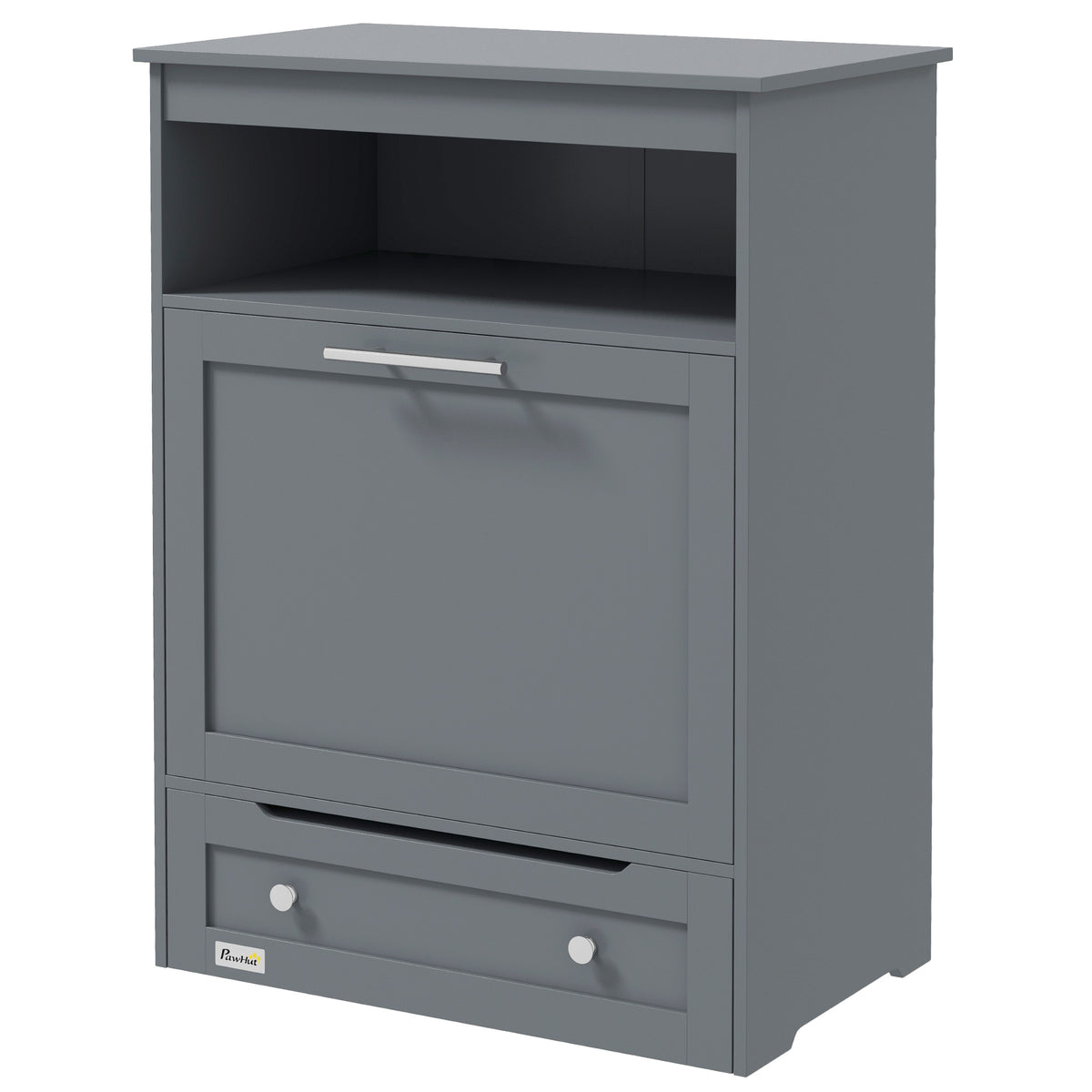 Pet Feeder Station Storage Cabinet with Pull-Out Raised Bowls, Shelf &amp; Leash Hooks, Gray – view 9