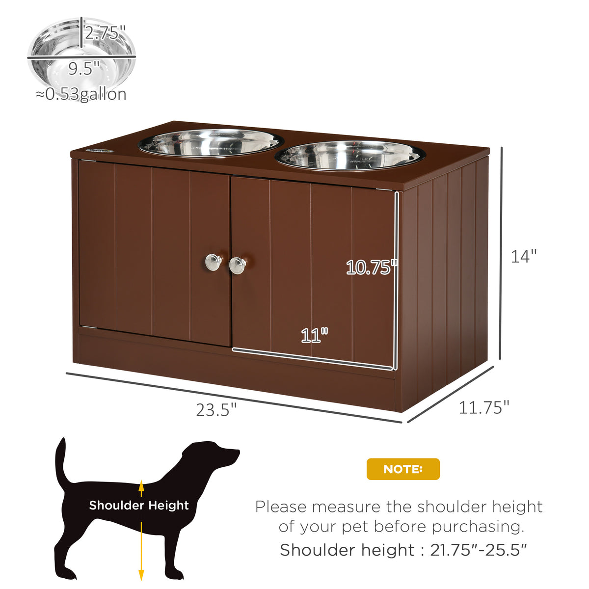 Elevated Dog Bowls with Storage Cabinet – Magnetic Doors, 2 Stainless Steel Bowls, Brown – view 3