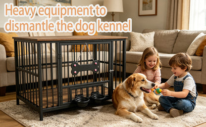 Wood Grain Metal Dog Crate Furniture – Double Outside-Fill Bowls, Bone Door Plaque, Brown &amp; Black – view 9