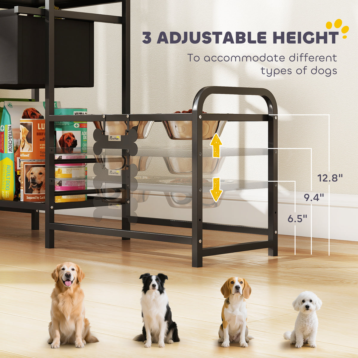 Height-Adjustable Dog Feeding Station with 4 Stainless Bowls, Drawer &amp; Toy Bin, Black – view 5
