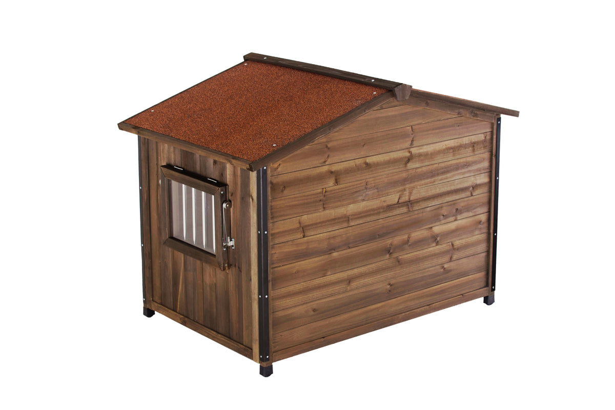 Wooden Cabin Dog House with Iron Frame – Asphalt Roof, Covered Porch, Large Dogs, Antique Brown – view 7