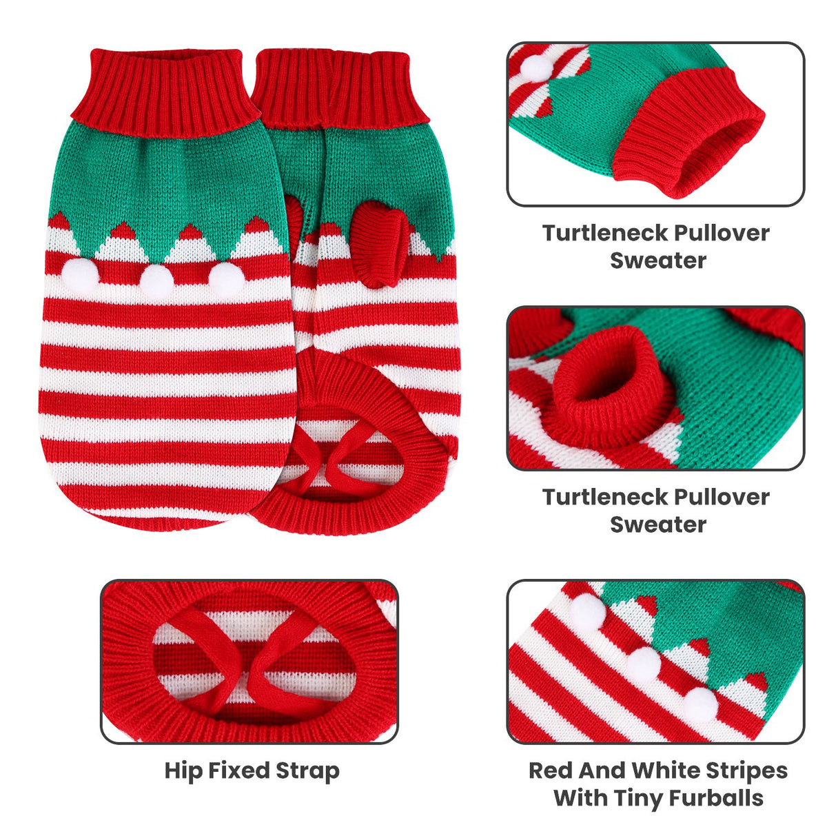 Christmas Turtleneck Pet Sweater with Snowman or Pom-Pom Stripes for Small Dogs &amp; Cats – view 4