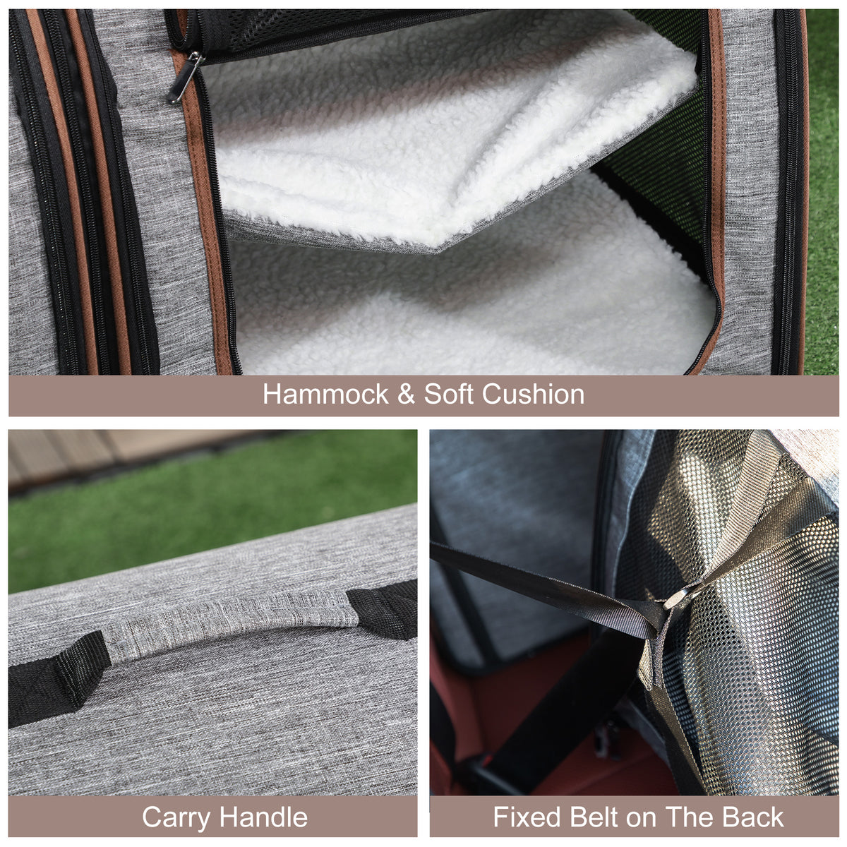 39" Double Cat Carrier with Divider – Foldable Soft-Sided Pet Crate, 2 Compartments, Light Gray – view 7
