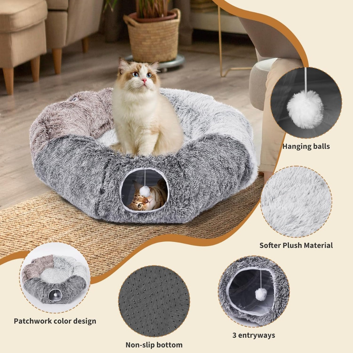 Large Plush Donut Cat Tunnel with Detachable Bed and 20 Cat Toys, 87 in, Gray – view 7