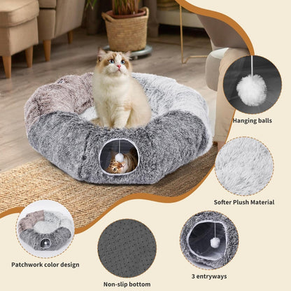 Large Plush Donut Cat Tunnel with Detachable Bed and 20 Cat Toys, 87 in, Gray – view 7