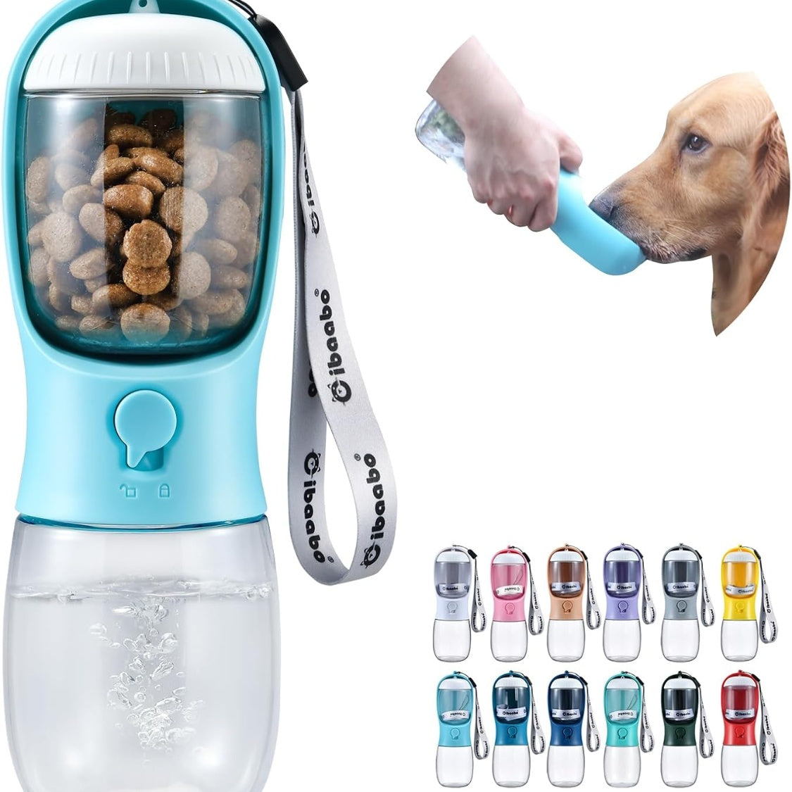 Dog Travel Water Bottle with Attached Food Container &amp; Carbon Filter – Leak-Proof Lock, Blue