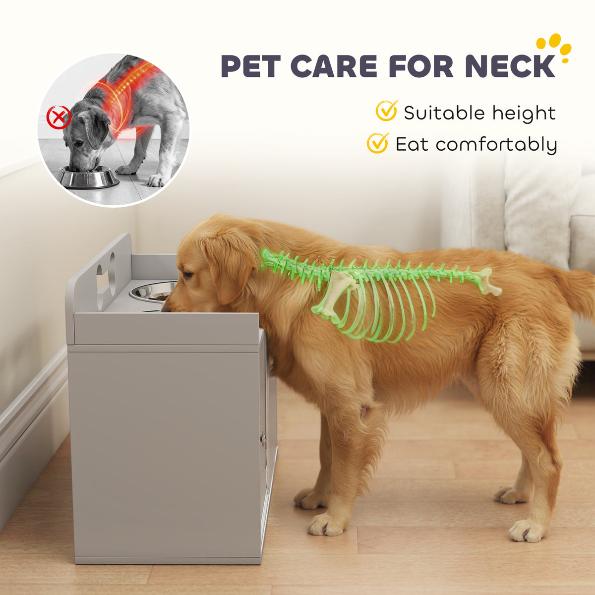 Elevated Dog Bowl Stand with Storage Cabinet, Acrylic Doors and Splash Guards for Large Dogs, Gray – view 5