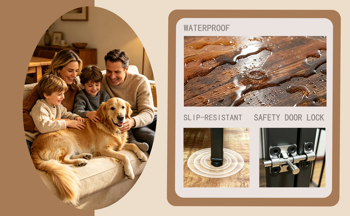 Wood Grain Metal Dog Crate Furniture – Double Outside-Fill Bowls, Bone Door Plaque, Brown &amp; Black – view 8