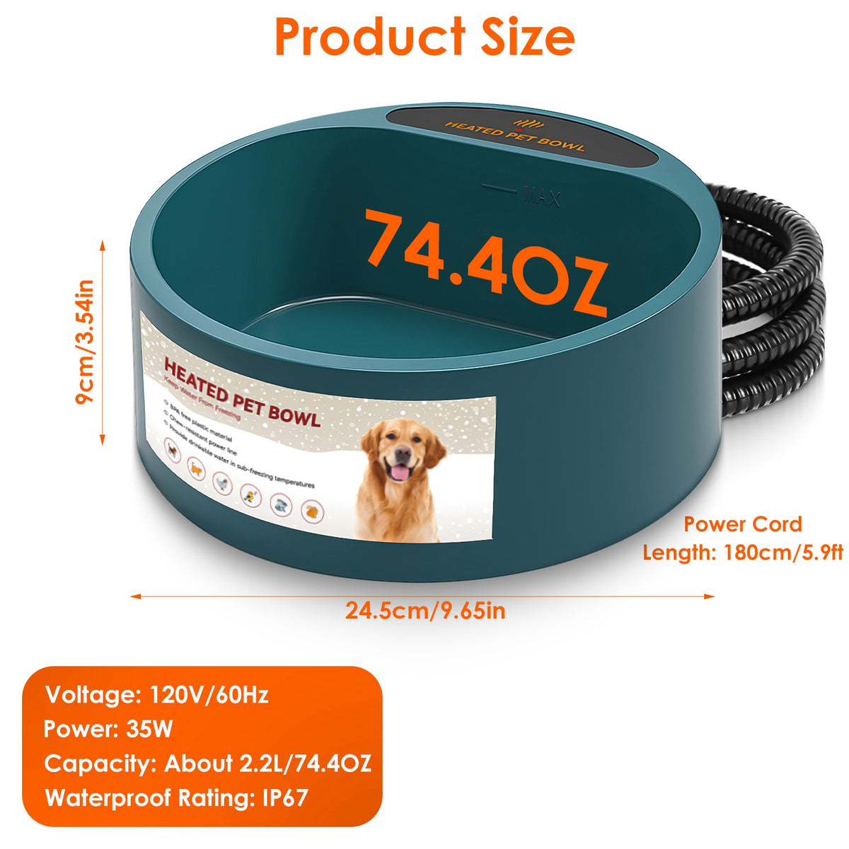 Heated Pet Water Bowl, 74.4 oz Thermostatic Winter Water Dish for Dogs, Cats &amp; Rabbits, Army Green – view 7