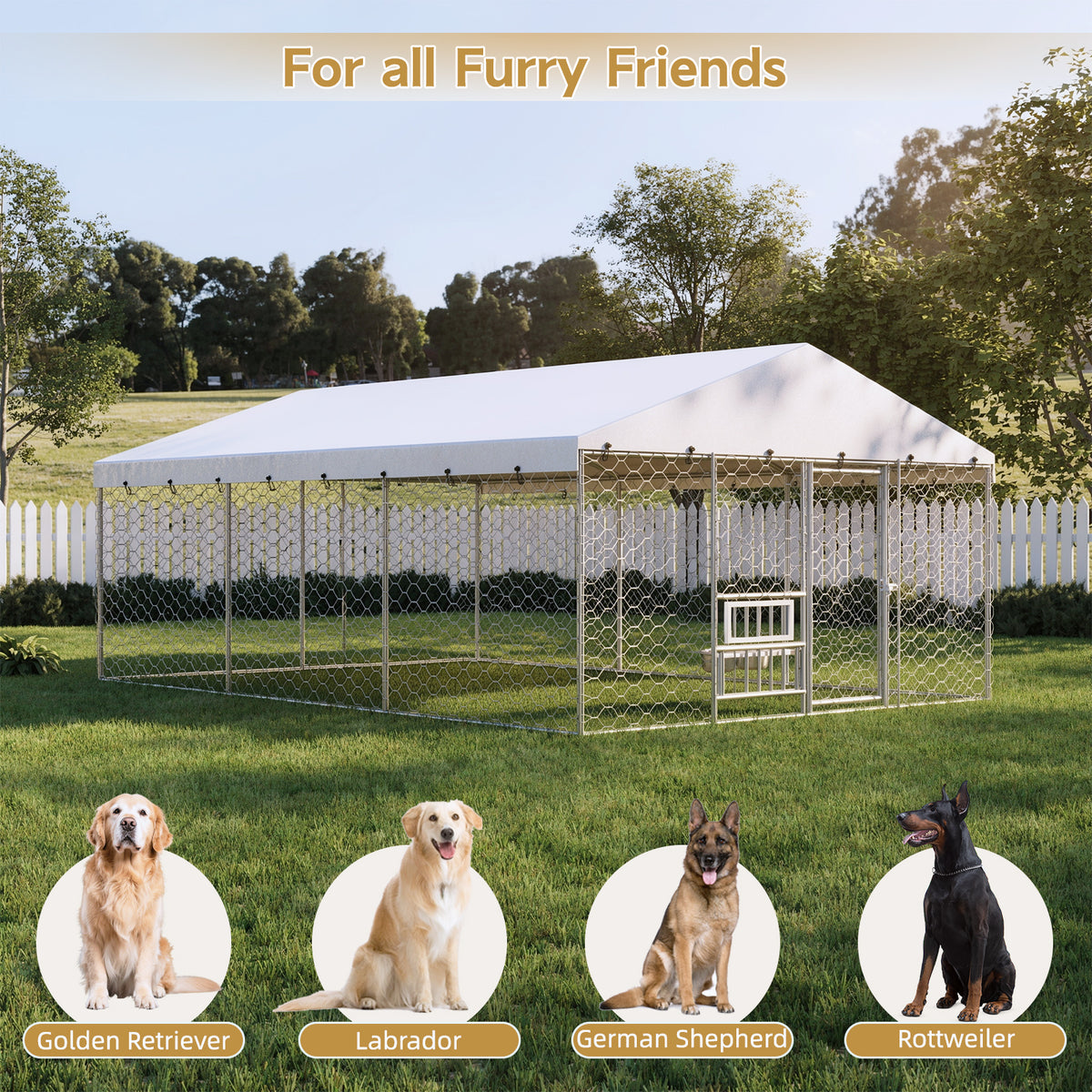 15 x 10 ft Large Outdoor Dog Kennel with Canopy – Galvanized Steel, 2 Raised Bowls – view 4