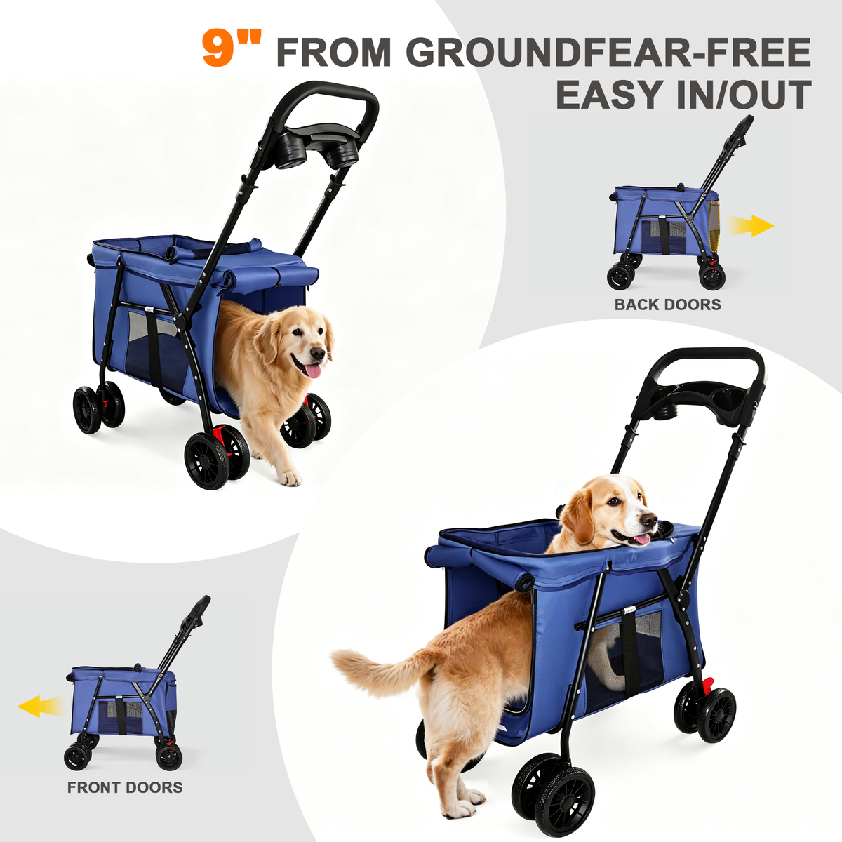 Foldable 4-Wheel Pet Stroller – Breathable Mesh, Shockproof Wheels, Brakes, Holds 33 lbs, Navy Blue – view 7
