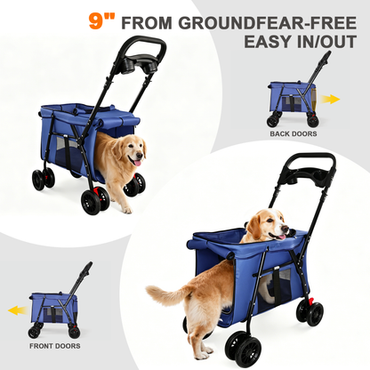Foldable 4-Wheel Pet Stroller – Breathable Mesh, Shockproof Wheels, Brakes, Holds 33 lbs, Navy Blue – view 7