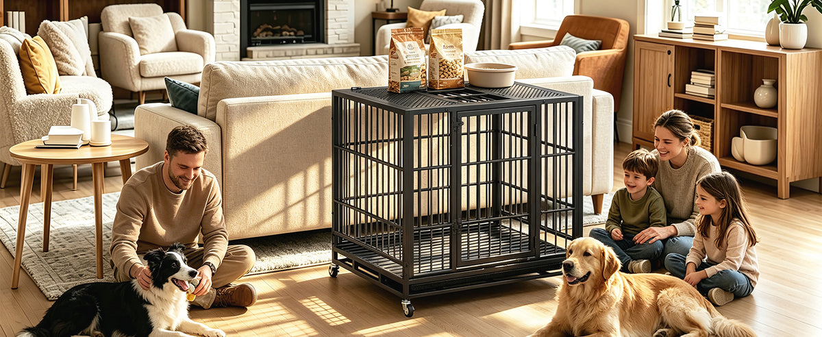 Heavy Duty Dog Crate on Lockable Wheels – Metal Kennel with Slide-Out Tray and Perforated Top, Black – view 2